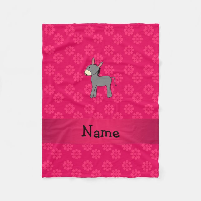 Personalised name donkey pink flowers fleece blanket (Front)