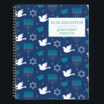 Personalised Name Dove Blue Menorah Hanukkah Notebook<br><div class="desc">This unique graph paper notebook features a special Hanukkah pattern with menorahs,  peace doves,  and Jewish stars illustrated in dark teal blue. The cover is personalised with your name,  making it a perfect gift or keepsake for the holiday season. Ideal for jotting down notes,  sketches,  or plans.</div>