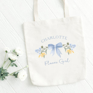 Personalised Name Dusty Blue Cute Bow Flower Girl Tote Bag