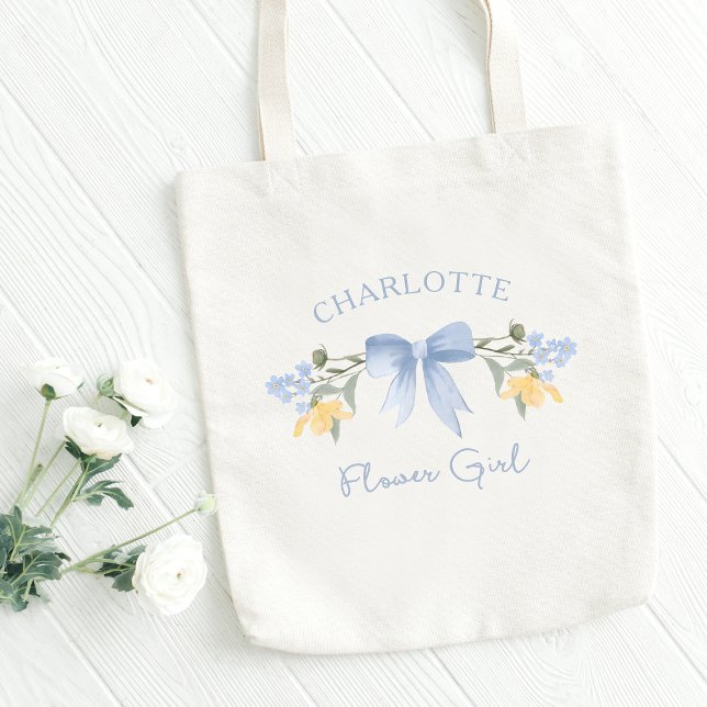 Personalised Name Dusty Blue Cute Bow Flower Girl Tote Bag (Cute flower girl tote with her personalized name and a cute dusty blue bow with wildflowers.)