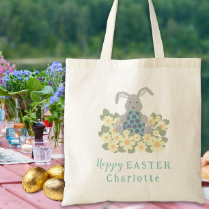 Personalised Name Easter Egg Hunt Bunny Floral Tote Bag