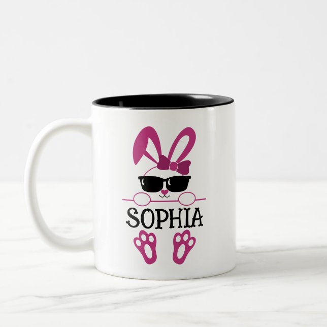 Personalised Name Easter Pink Bunny Sunglasses  Two-Tone Coffee Mug (Left)