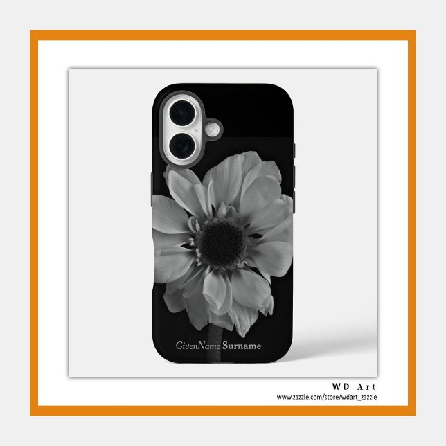 Personalised Name Elegant Black and White Flower Case-Mate iPhone Case (Floral beauty up and close in black and white - add your name!)