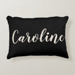 Personalised Name Elegant Black Minimalist Script Decorative Cushion<br><div class="desc">Add a personal touch to your space with this elegant custom name accent pillow. Featuring a classic black background and stylish script typography, this pillow is perfect for bedrooms, living rooms, dorms, or nurseries. A thoughtful and unique gift for birthdays, housewarmings, or special occasions. Customise it with any name for...</div>
