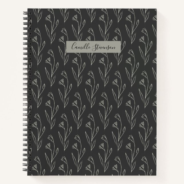 Personalised Name Elegant Black White Floral Notebook (Front)