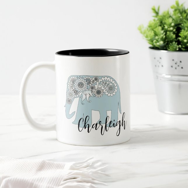 Personalised Name Elegant Blue Paisley Elephant Two-Tone Coffee Mug (Creator Uploaded)