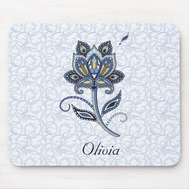 Personalised Name Elegant Floral Paisley Blue Mouse Pad (Front)