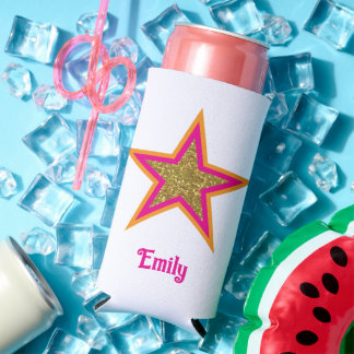 Personalised name elegant gold &pink star seltzer can cooler