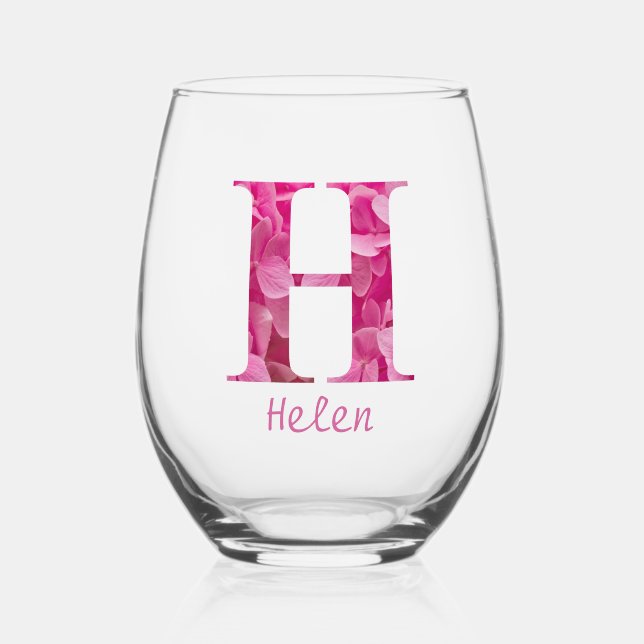 Personalised Name Elegant Pink Floral Monogram "H" Stemless Wine Glass (Front)
