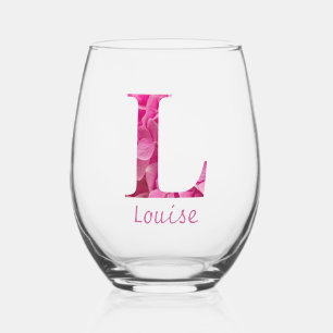 Personalised Name Elegant Pink Floral Monogram "L" Stemless Wine Glass