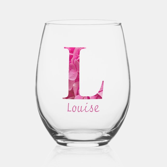 Personalised Name Elegant Pink Floral Monogram "L" Stemless Wine Glass (Front)