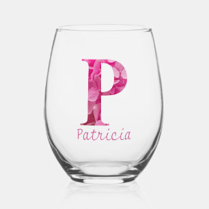 Personalised Name Elegant Pink Floral Monogram "P" Stemless Wine Glass