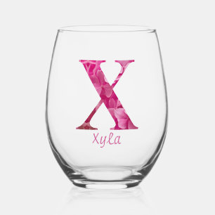 Personalised Name Elegant Pink Floral Monogram "X" Stemless Wine Glass
