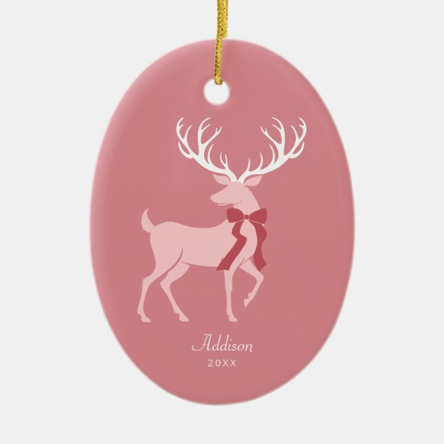 Personalised Name Elegant Pink Reindeer Christmas Ceramic Ornament (Front)