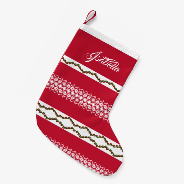 Personalised Name Elegant Snowflakes Pattern Red Small Christmas Stocking (Front (Hanging))