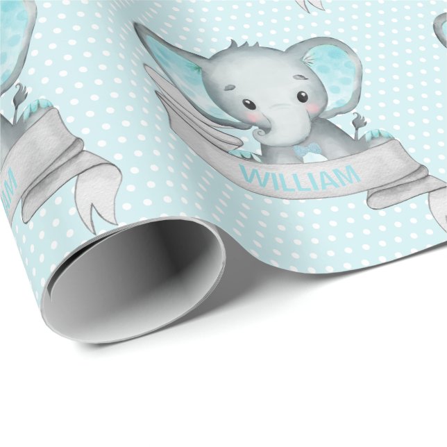 Personalised Name Elephant Baby Boy Blue & Grey Wrapping Paper (Roll Corner)