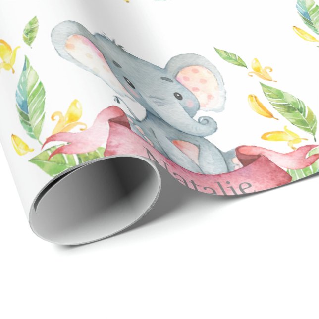 Personalised Name Elephant Baby Girl Pink and Grey Wrapping Paper (Roll Corner)
