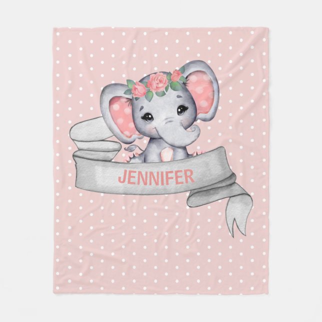 Personalised Name Elephant Baby Girl Pink & Grey Fleece Blanket (Front)