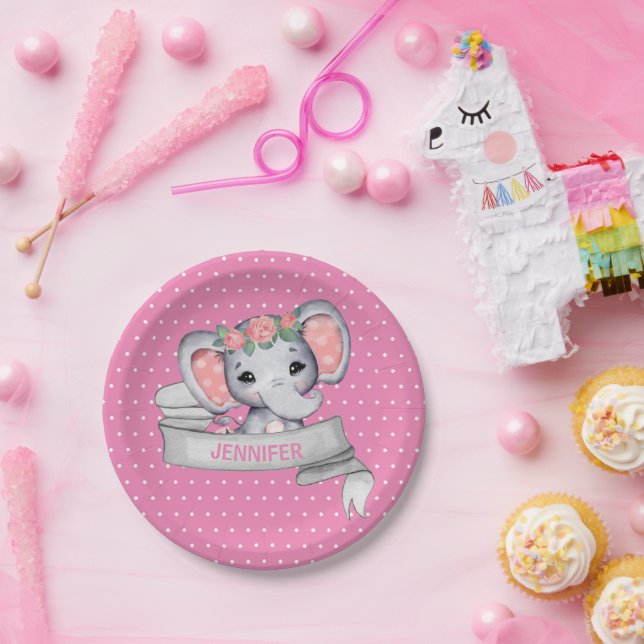 Personalised Name Elephant Baby Girl Pink & Grey P Paper Plate (Party)
