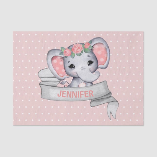 Personalised Name Elephant Baby Girl Pink & Grey Tissue Paper (Front)