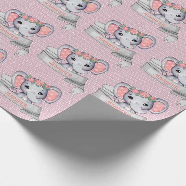Personalised Name Elephant Baby Girl Pink & Grey W Wrapping Paper (Corner)