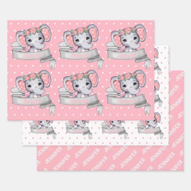 Personalised Name Elephant Baby Girl Pink Pattern Wrapping Paper Sheet (Set)