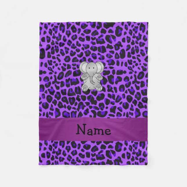 Personalised name elephant purple leopard print fleece blanket (Front)