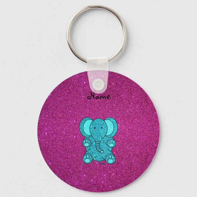 Personalised name elephant turquoise glitter key ring (Front)