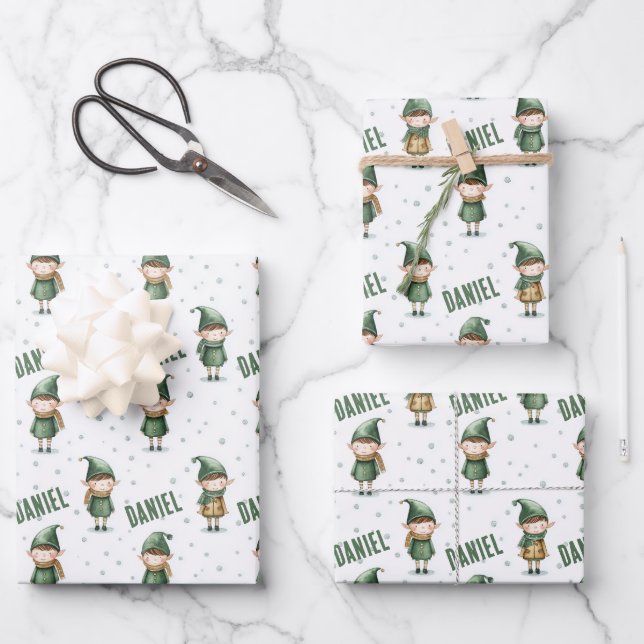 Personalised Name Elf Christmas Wrapping Paper Sheet (Front)