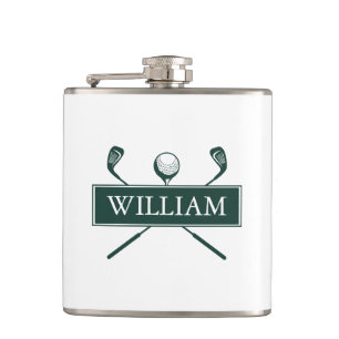 Personalised Name Emerald Green Clubs And Ball Hip Flask