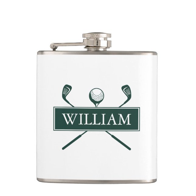Personalised Name Emerald Green Clubs And Ball Hip Flask (Front)