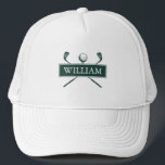 Personalised Name Emerald Green Golf Ball And Club Trucker Hat<br><div class="desc">Personalise the name to create a great golf gift and keepsake. Designed by Thisisnotme©</div>