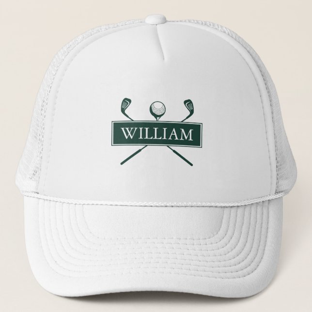 Personalised Name Emerald Green Golf Ball And Club Trucker Hat (Front)