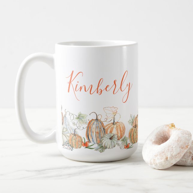 Personalised Name Fall Pumpkins Coffee Mug (With Donut)
