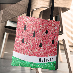 personalised name faux glitter watermelon graphic tote bag