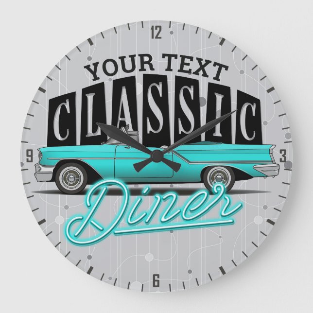 Personalised Name Faux Neon 50's Classic Car Diner Large Clock (Front)