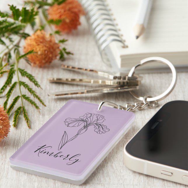 Personalised name February iris Birth Flower Key Ring (Front Right)
