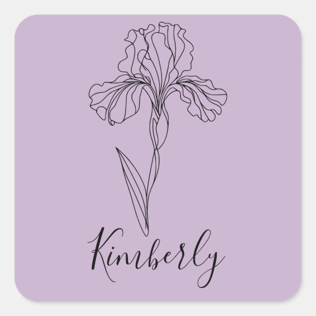 Personalised name February iris Birth Flower Square Sticker (Front)