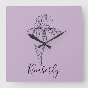 Personalised name February iris Birth Flower Square Wall Clock