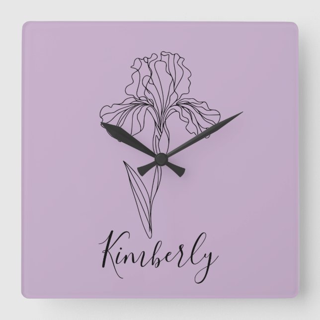 Personalised name February iris Birth Flower Square Wall Clock (Front)