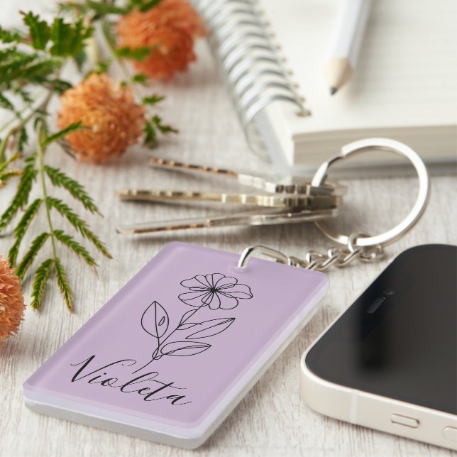 Personalised name February violet Birth Flower  Key Ring (Front Right)