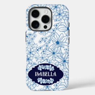 Personalised Name Feminine Blue Floral Pattern iPhone 16 Pro Case