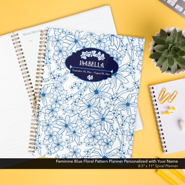 Personalised Name Feminine Blue Floral Pattern Planner (Feminine Blue Floral Pattern Planner–Personalized with Your Name )