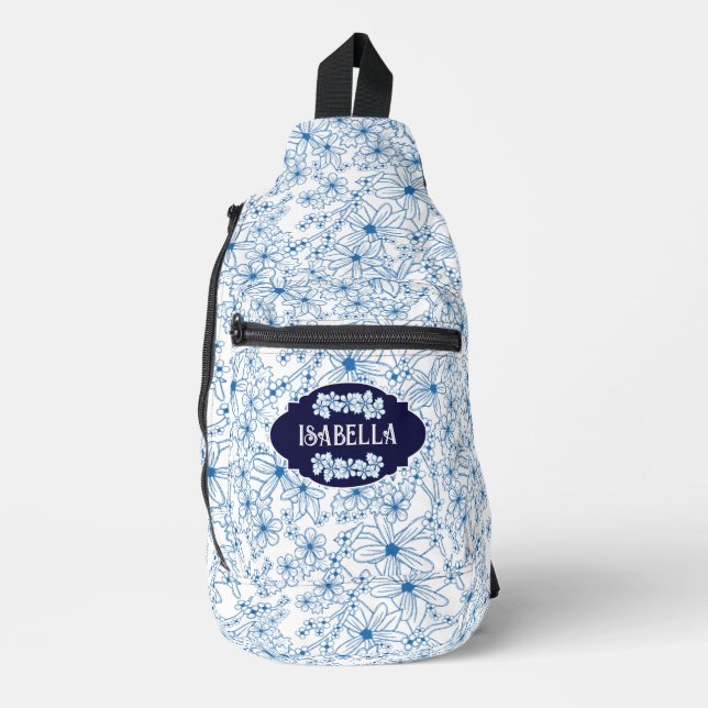 Personalised Name Feminine Blue Floral Pattern Sling Bag (Front)