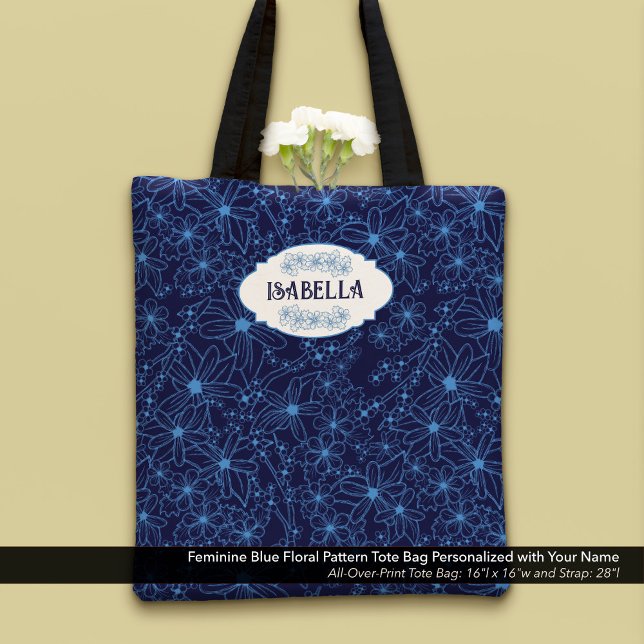 Personalised Name Feminine Blue Floral Pattern Tote Bag (Feminine Blue Floral Pattern Tote Bag–Personalized with Your Name)