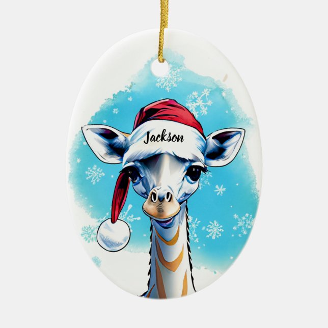 Personalised Name Festive Santa Giraffe Christmas  Ceramic Ornament (Front)