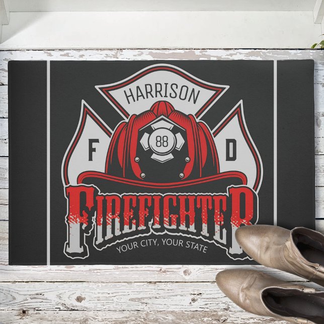 Personalised NAME Firefighter Helmet Fire Rescue Doormat (Creator Uploaded)