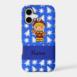 Personalised name fireman blue snowflakes trees