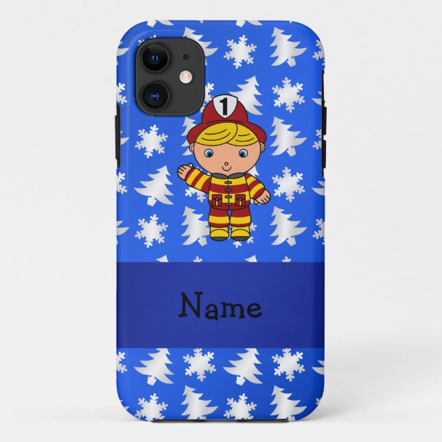 Personalised name fireman blue snowflakes trees Case-Mate iPhone case (Back)