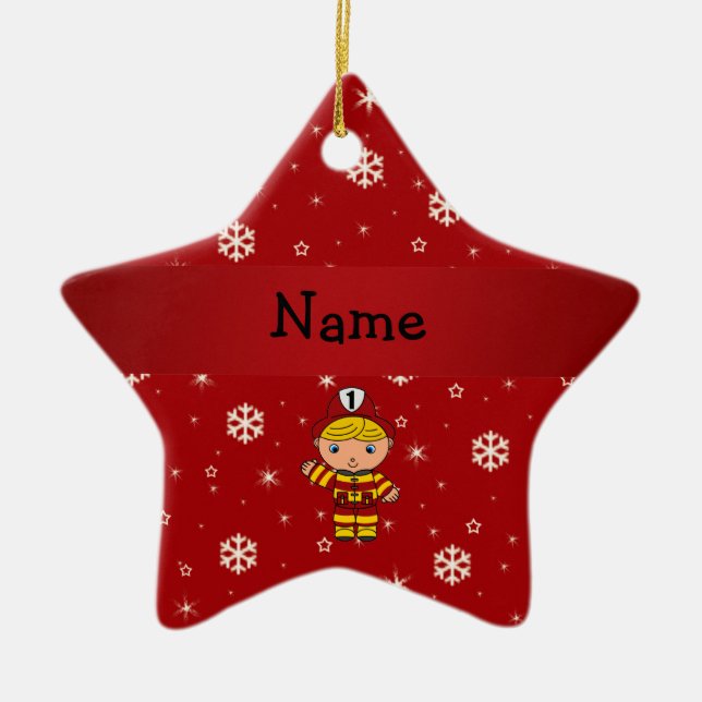 Personalised name fireman red snowflakes ceramic tree decoration (Front)